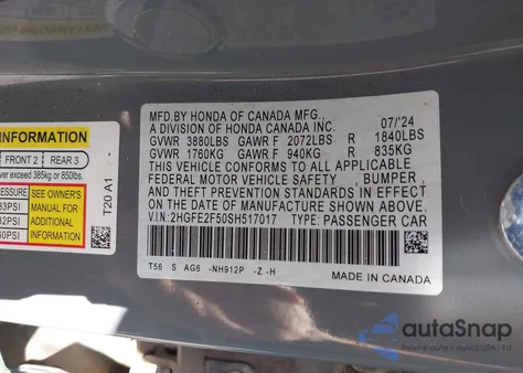 2025 Honda Civic Sport from USA, damaged, VIN 2HGFE2F50SH517017